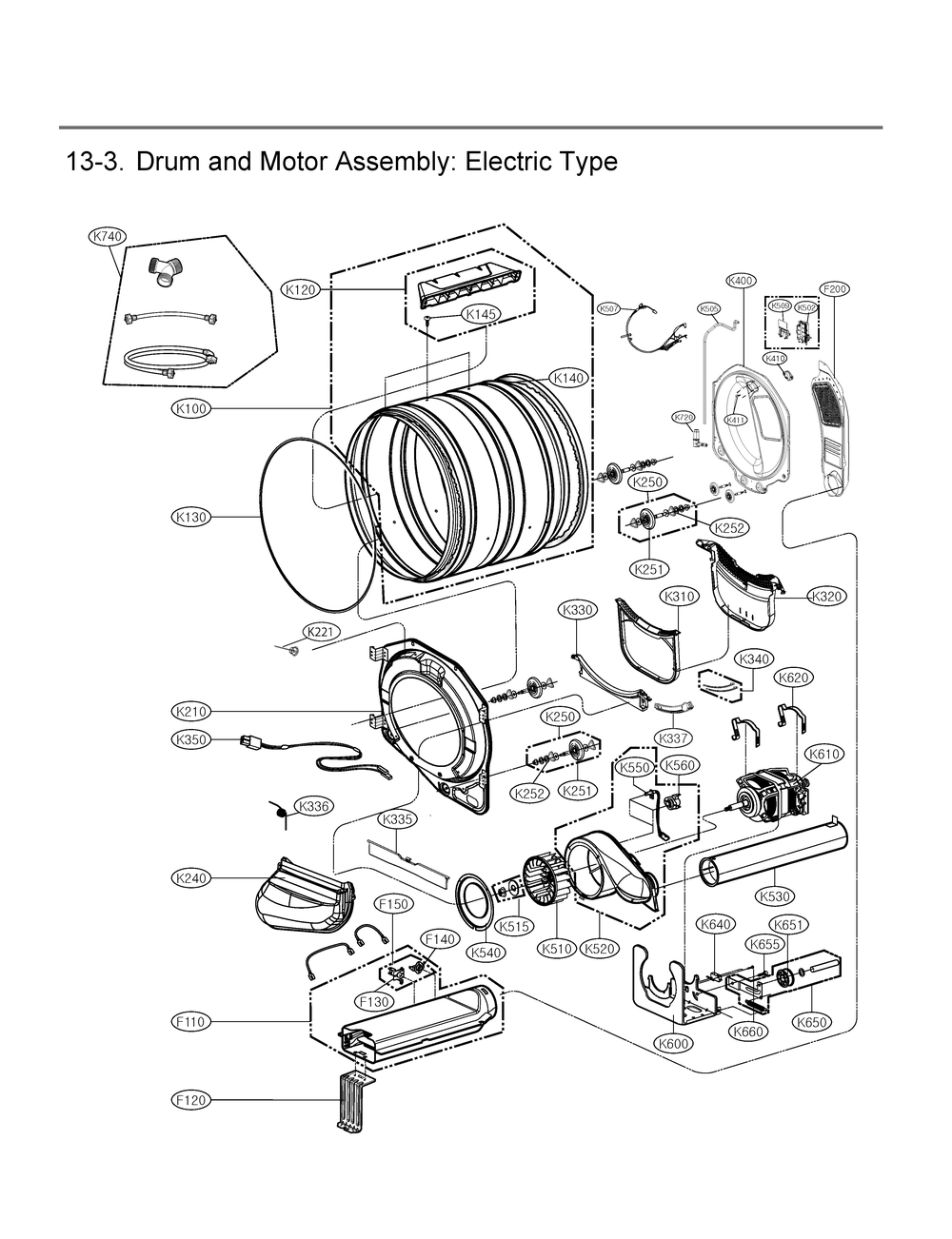 Drum And Motor Assembly Diagram and Parts List for DLEX4080W ABWEUUS LG Dryer