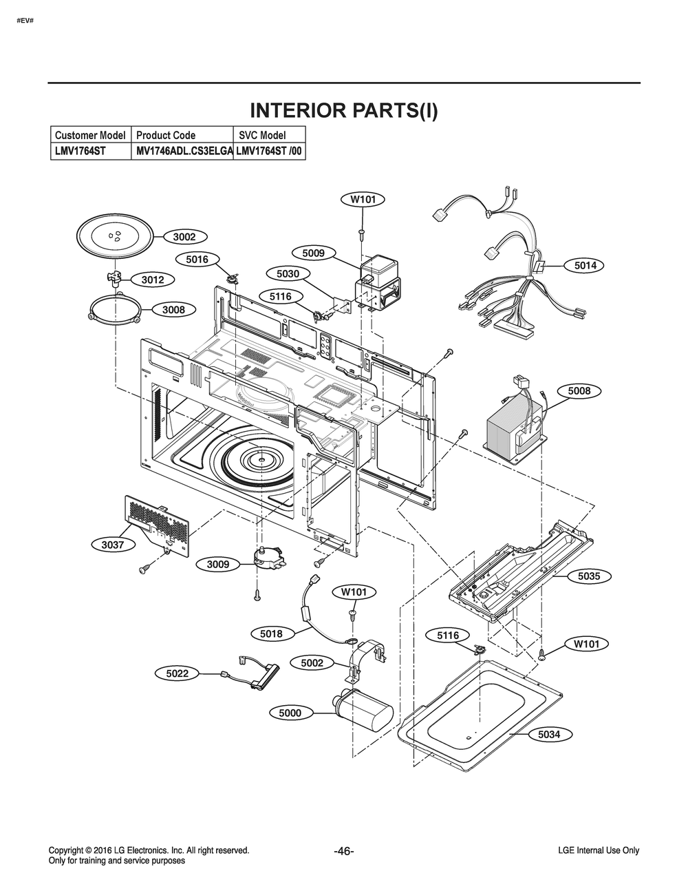 Interior Parts() Diagram and Parts List for MV1746ADL CS3ELGA LG Microwave