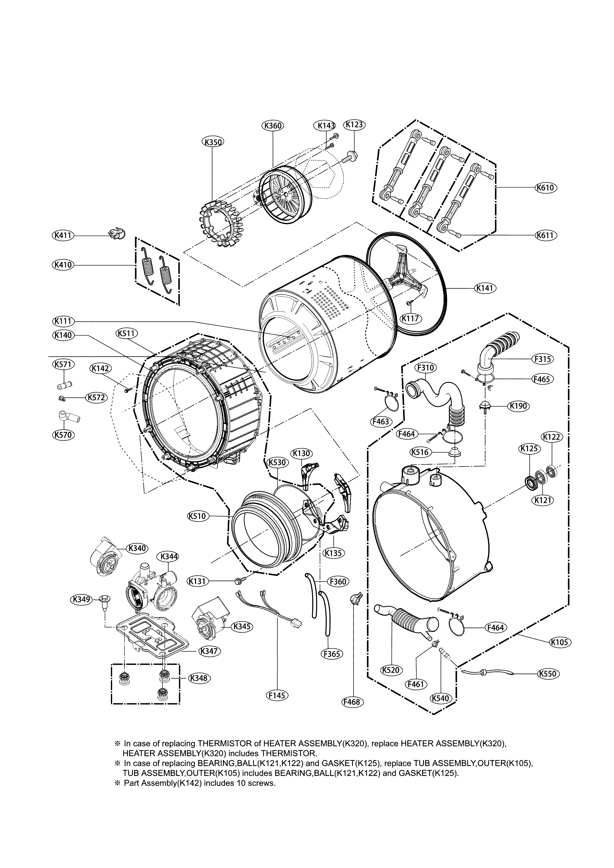 Drum And Tub Parts Diagram and Parts List for 79641393610  Kenmore Washer