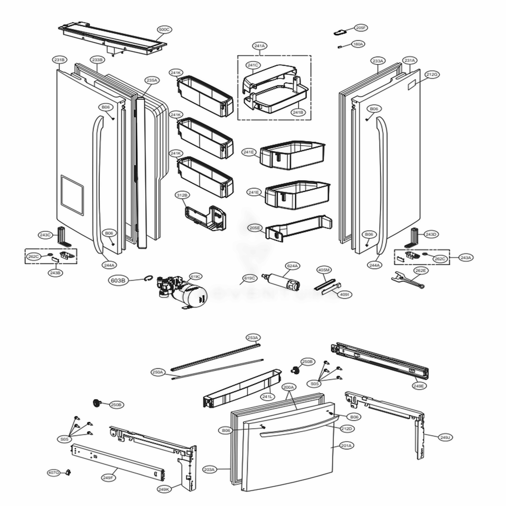 Door Parts Diagram and Parts List for 75042 ASWCSE0 LG Refrigerator