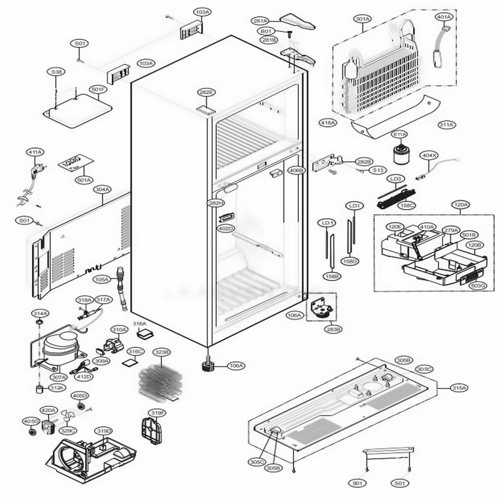 Case Parts Diagram and Parts List for 79433 ASTCSE2 LG Refrigerator