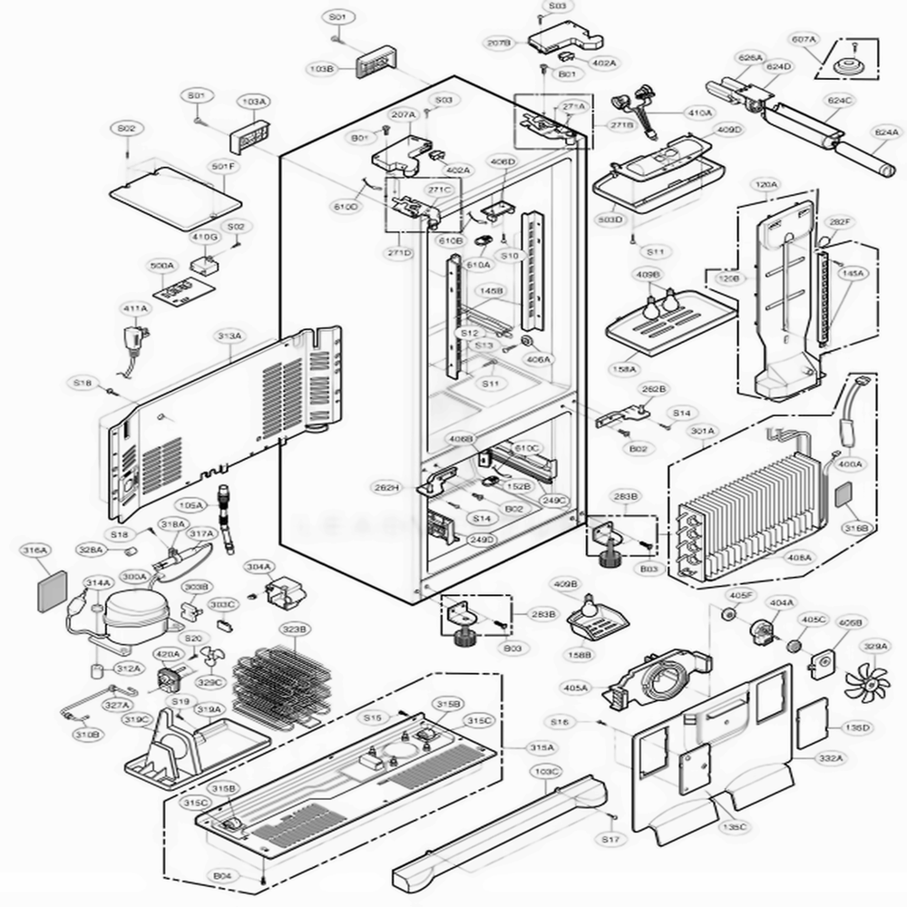 Case Parts Diagram and Parts List for 77552 ASWCSEF LG Refrigerator