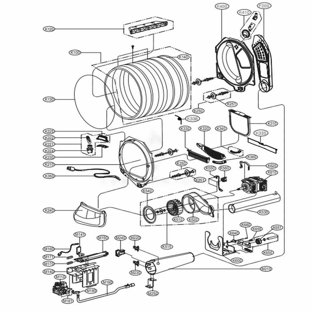 Drum And Motor Assembly: Gas Type Diagram and Parts List for DLGX6002V ASSEEUS LG Dryer