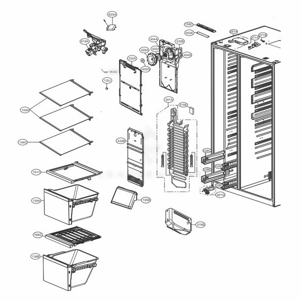 Freezer Compartment Diagram and Parts List for LSXC22396D ASBCNA3 LG Refrigerator