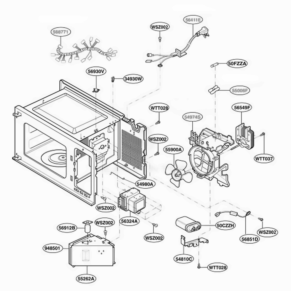 Interior Parts Diagram and Parts List for MT4110SPB CBKEWRP LG Wall Oven