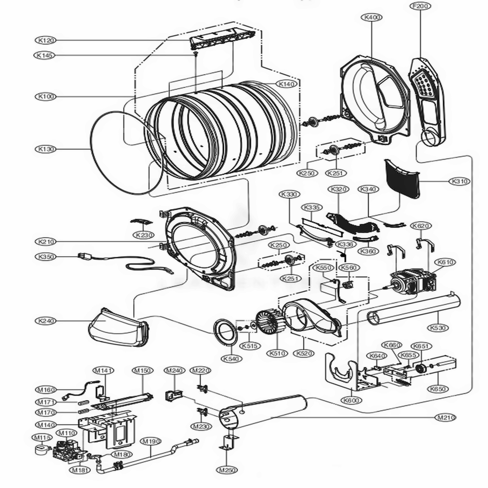 Drum And Motor Assembly: Gas Type Diagram and Parts List for GDL1329CGS7 ASSEELC LG Dryer