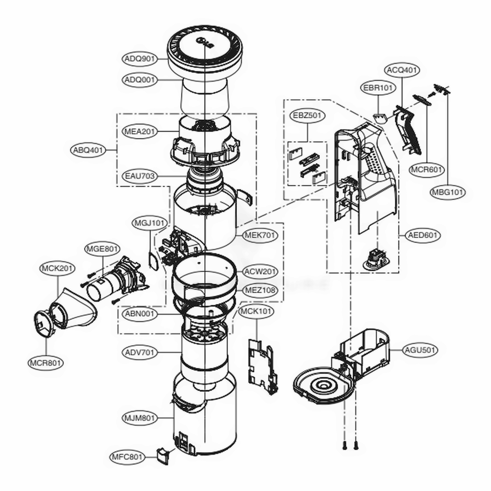Handle Assembly Diagram and Parts List for A900BM BBKELGA LG Upright Vacuum