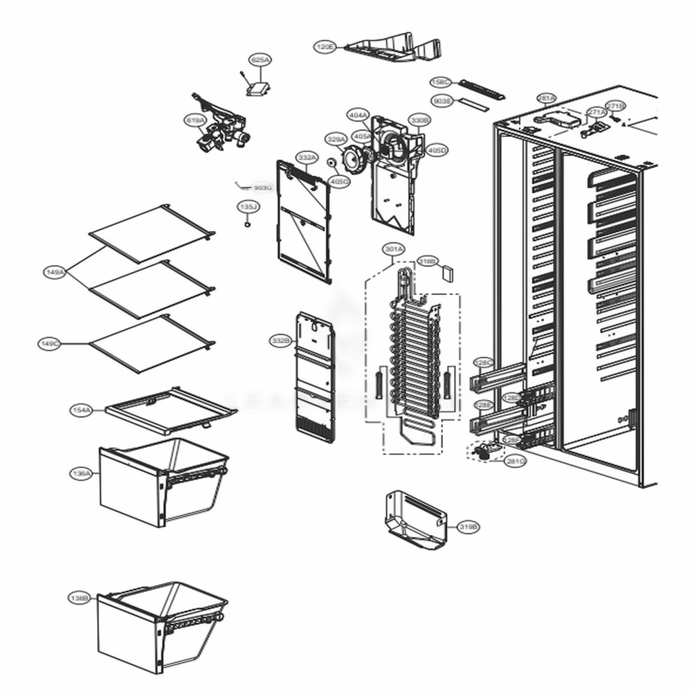 Freezer Compartment Diagram and Parts List for 51733 ASTCSE3 LG Refrigerator