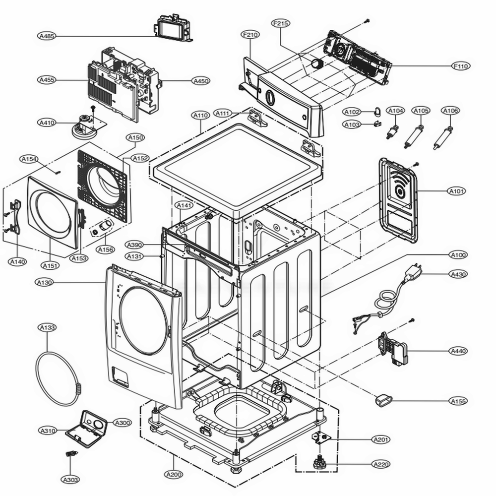Cabinet And Control Panel Assembly Diagram and Parts List for 41538 APBESEU LG Washer Dryer Combo