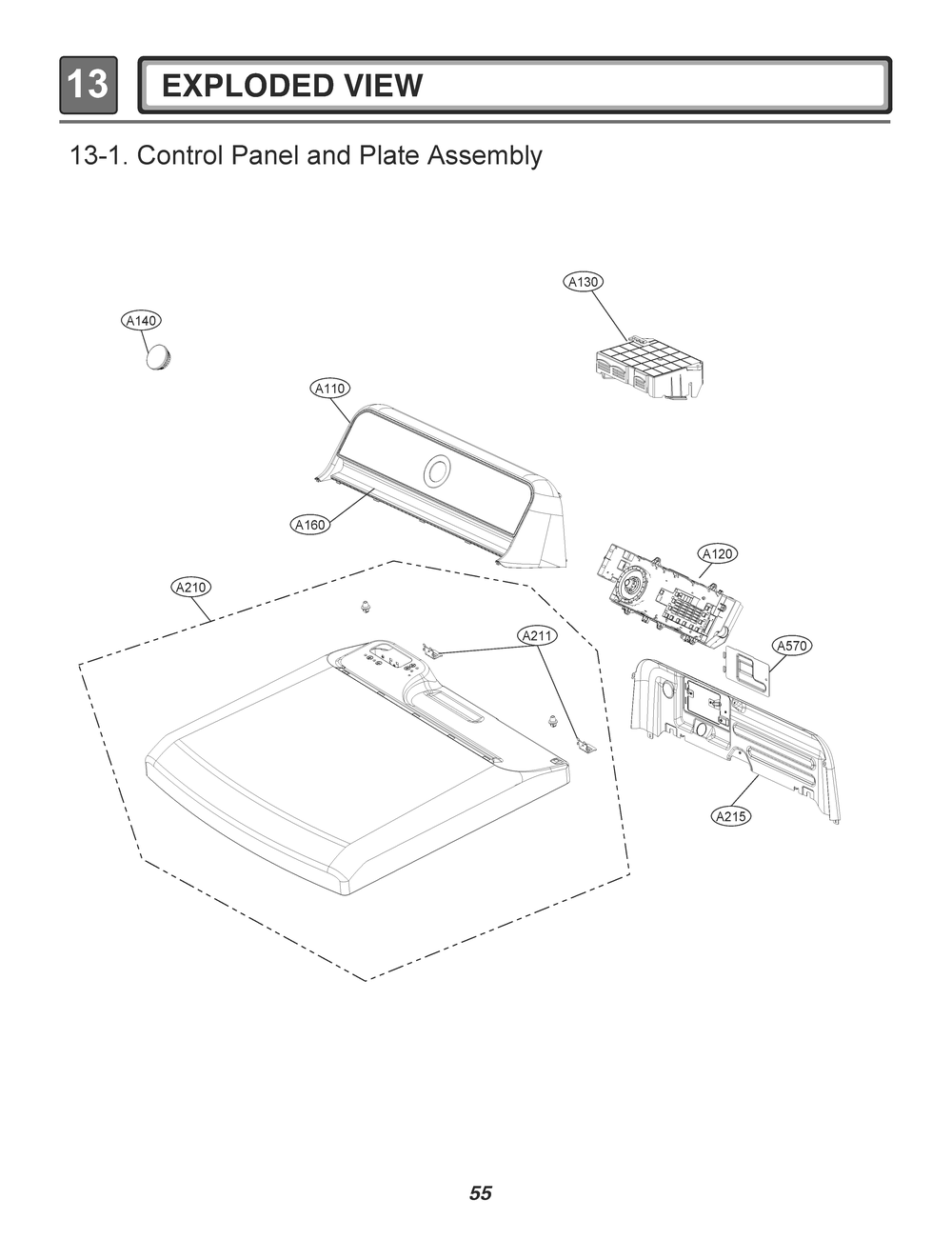 Control Panel And Plate Assembly Diagram and Parts List for RV13U6AM8W ABWEEUS LG Dryer