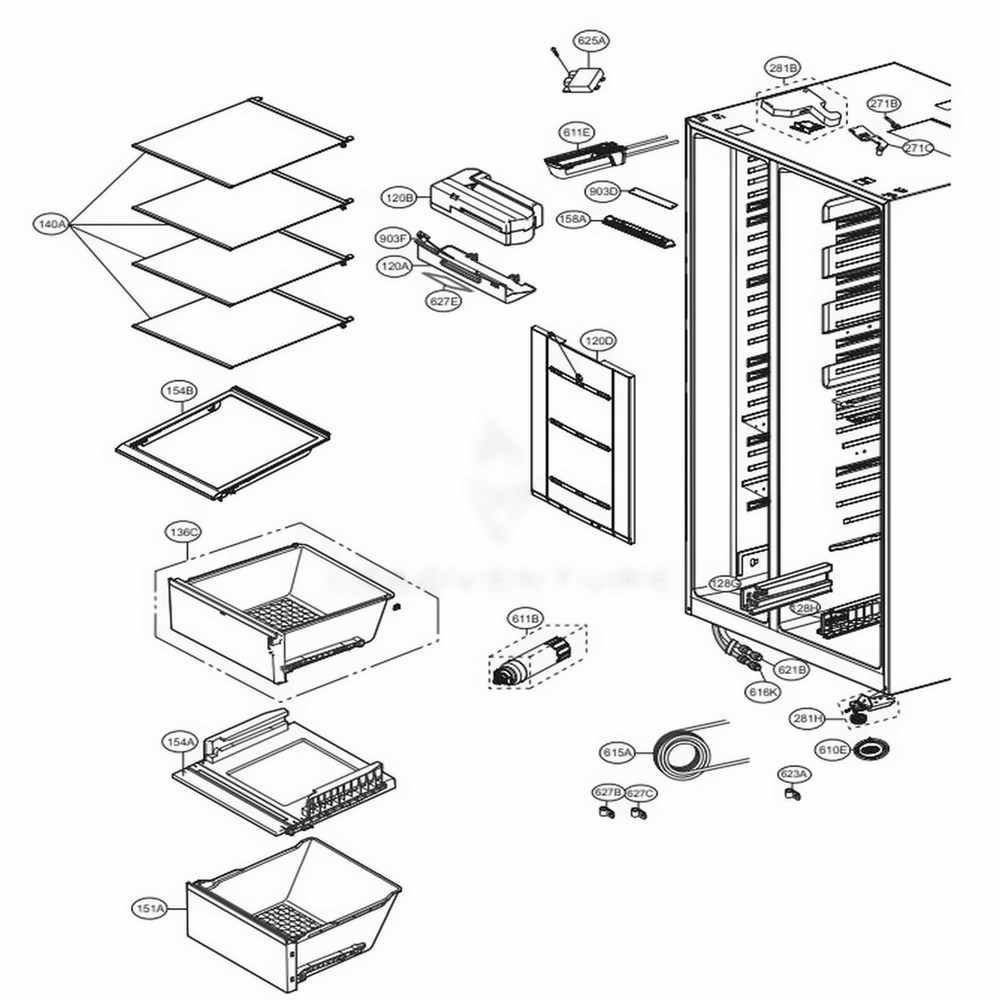 Refrigerator Compartment Diagram and Parts List for LSXS26366D ASBCNA1 LG Refrigerator