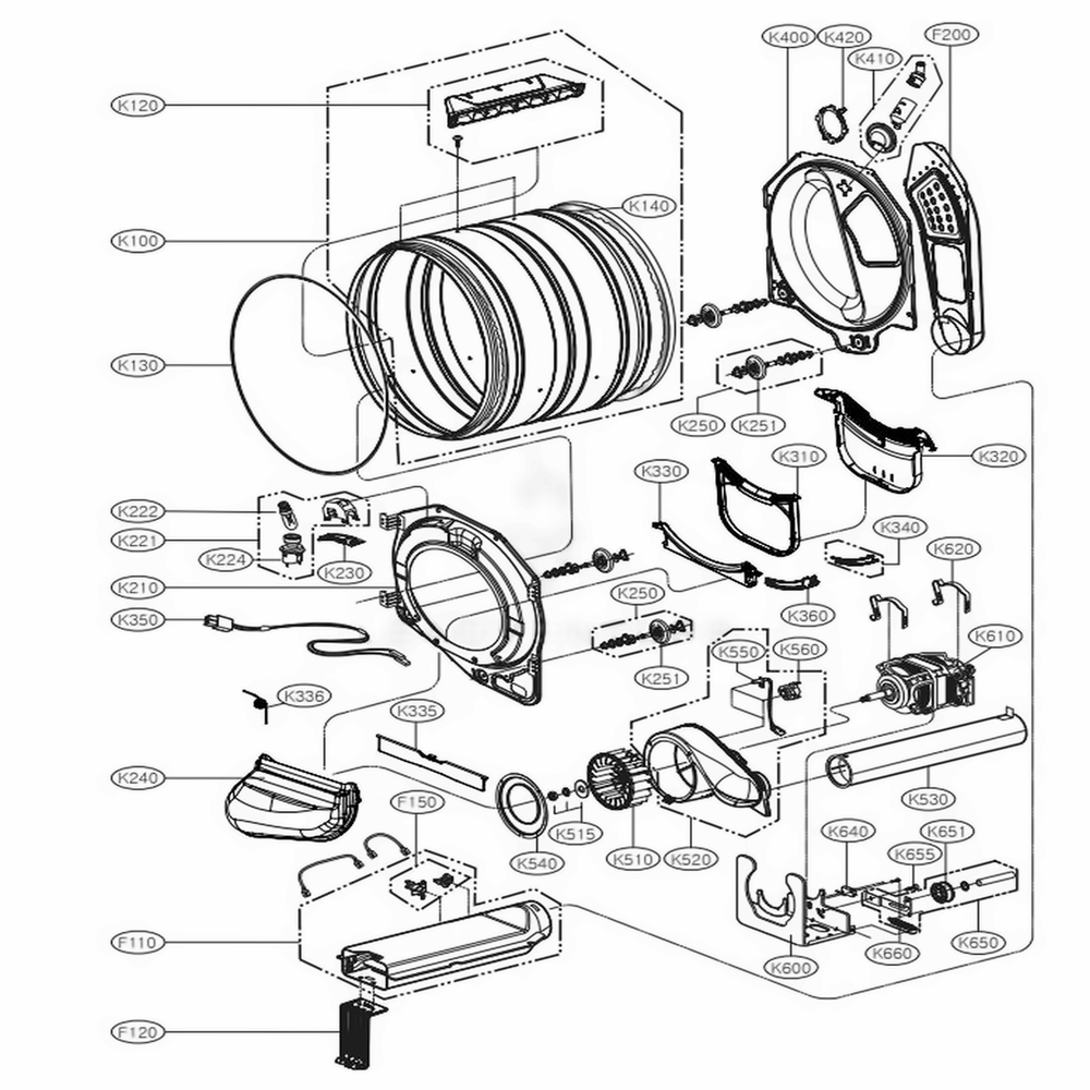 Drum And Motor Assembly Electric Type Diagram and Parts List for DLEX4270V ASSEEUS LG Dryer