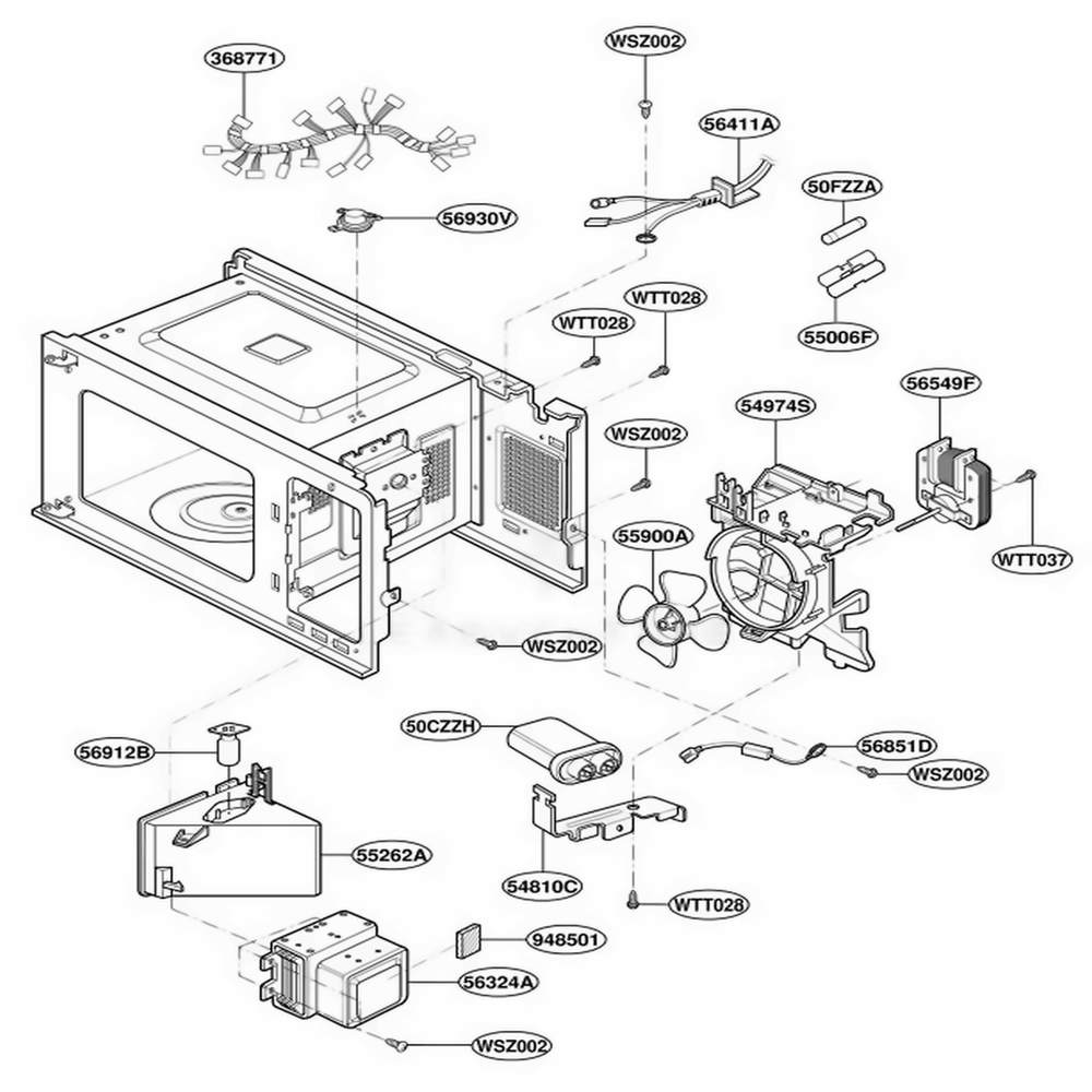 Interior Parts Diagram and Parts List for JE1340WB MWEGEU LG Range