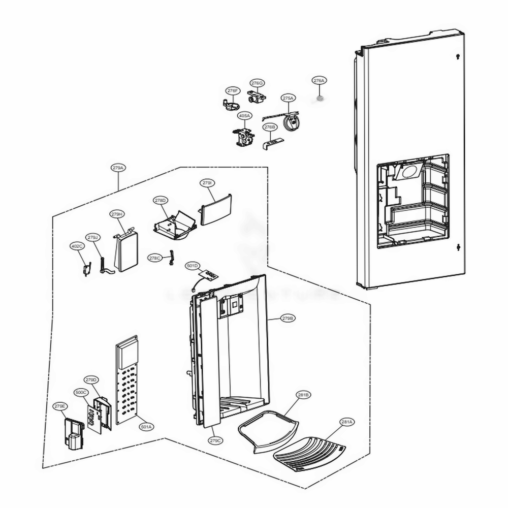 Dispenser Parts Diagram and Parts List for LFX28968SB AWBCNA2 LG Refrigerator