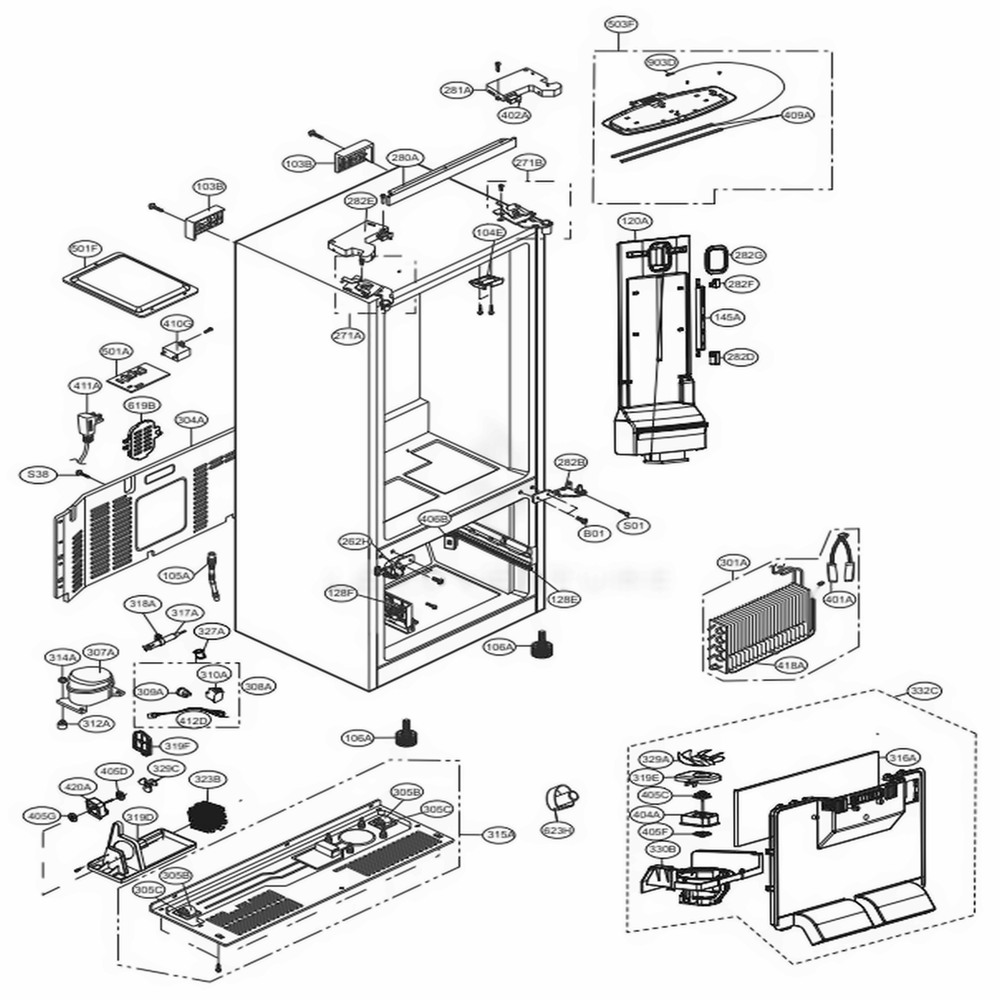 Case Parts Diagram and Parts List for LFNS22520S ASTCNA0 LG Refrigerator