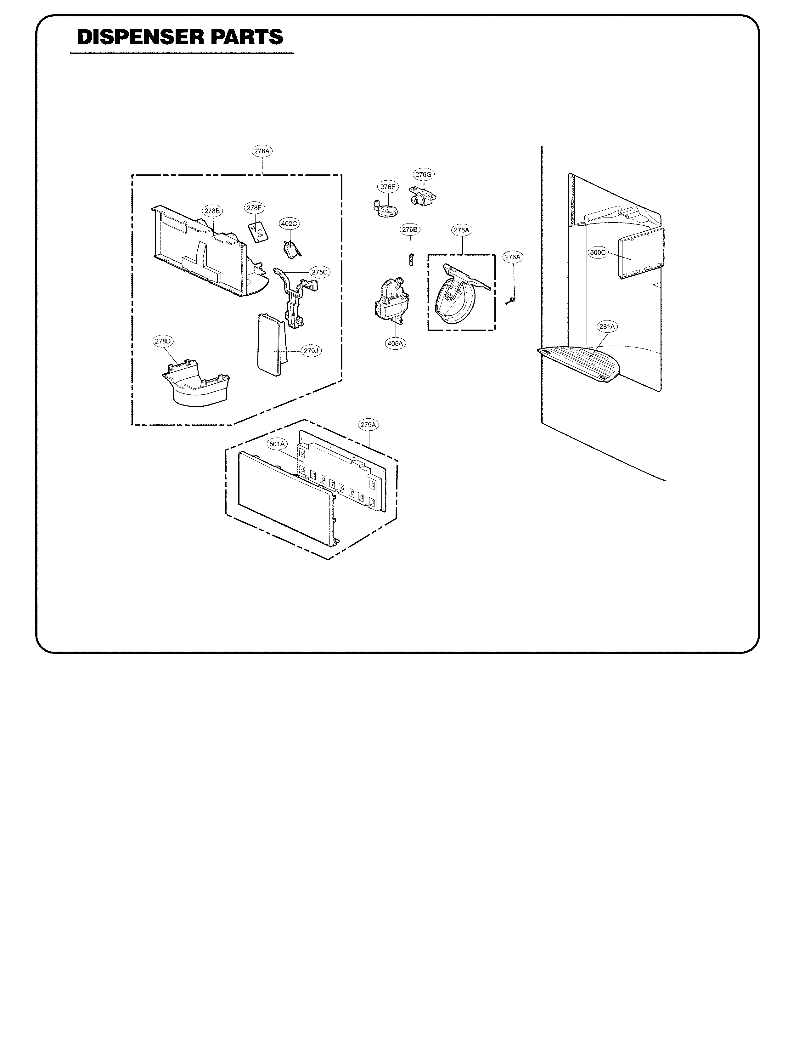 Dispenser Parts Diagram and Parts List for 79571093111  Kenmore Refrigerator