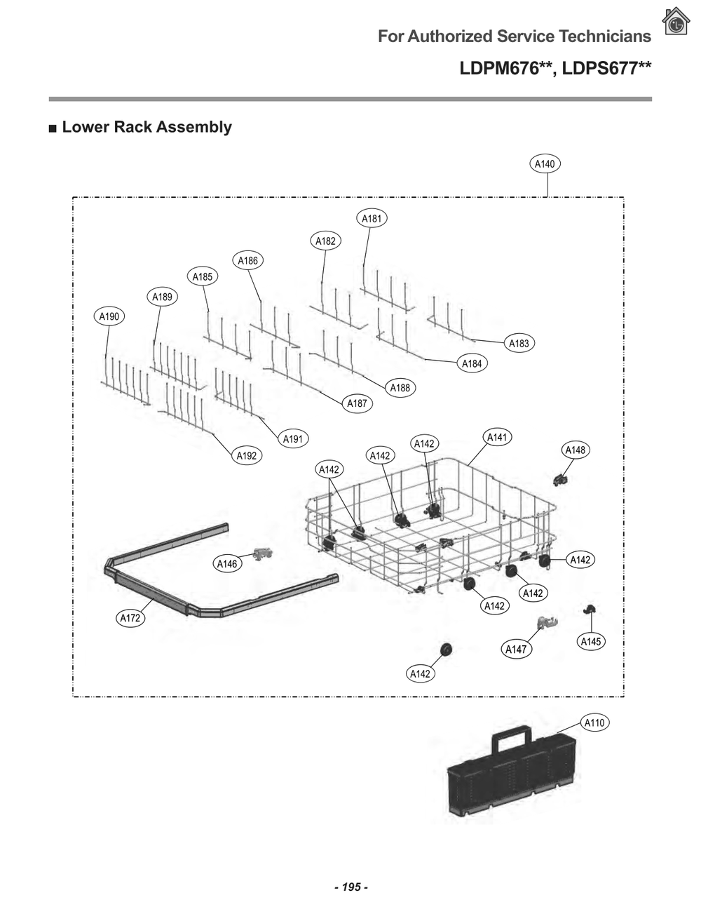 Lower Rack Assembly Diagram and Parts List for LDPM6762S ASSESNA LG Dishwasher