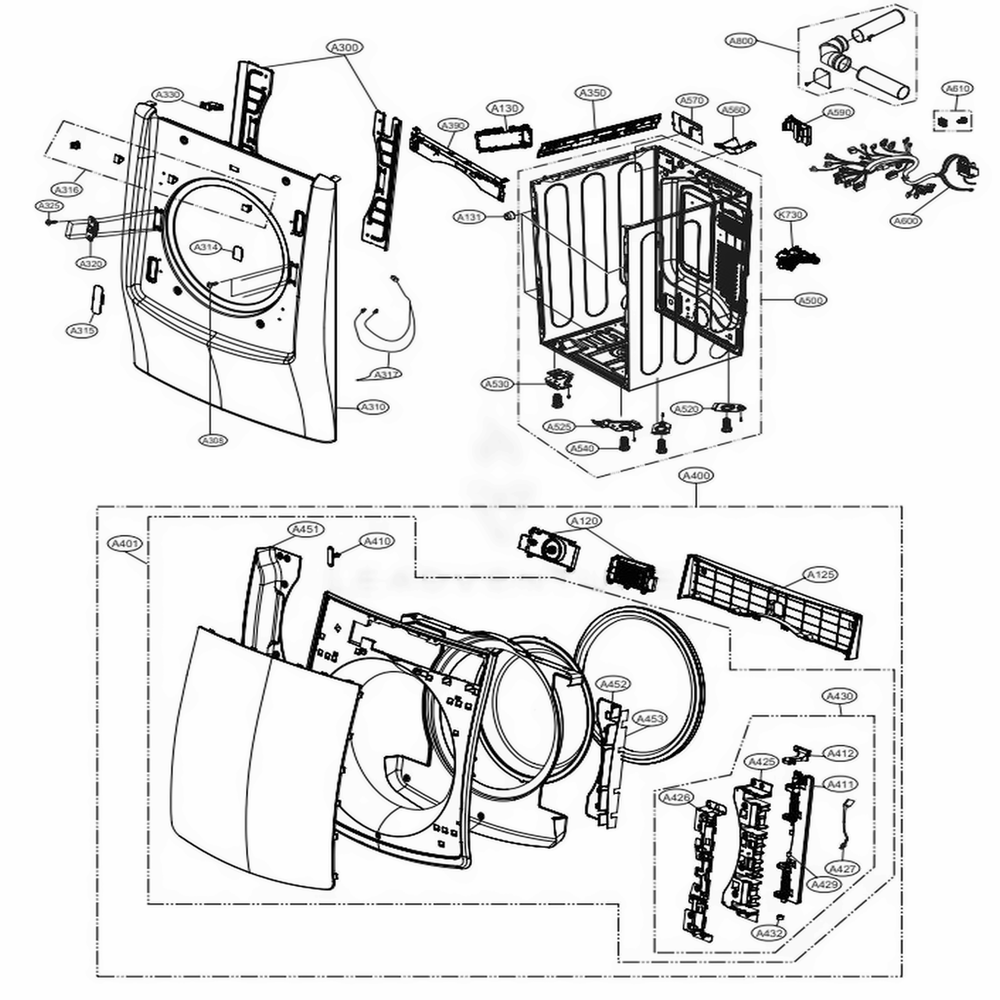 Cabinet And Door Assembly - Full Touch Diagram and Parts List for DLEX9500K ABSEEUS LG Dryer
