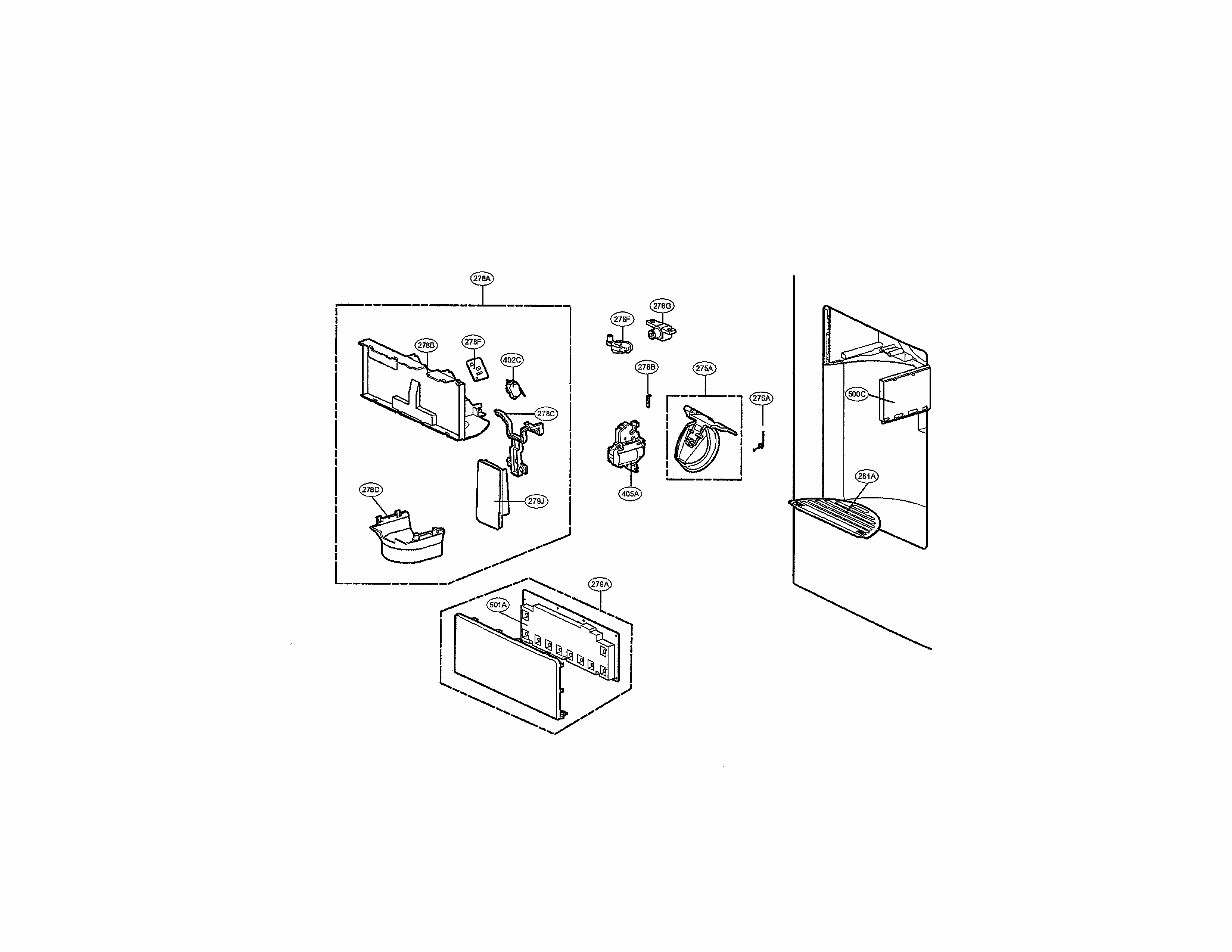 Dispenser Parts Diagram and Parts List for 79572034111  Kenmore Refrigerator