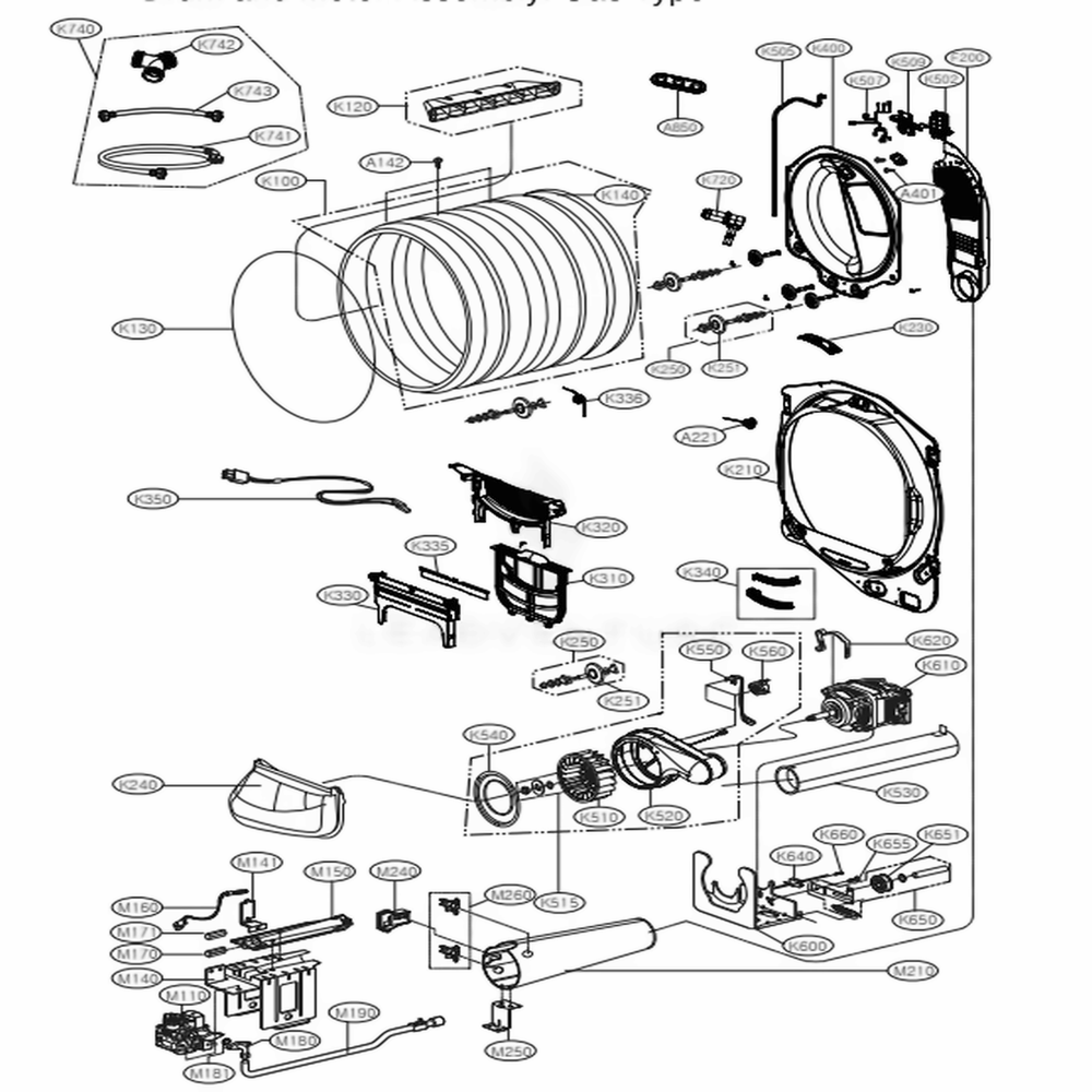 Drum And Motor Assembly: Gas Type Diagram and Parts List for DLGX7601WE ABWEEUS LG Dryer