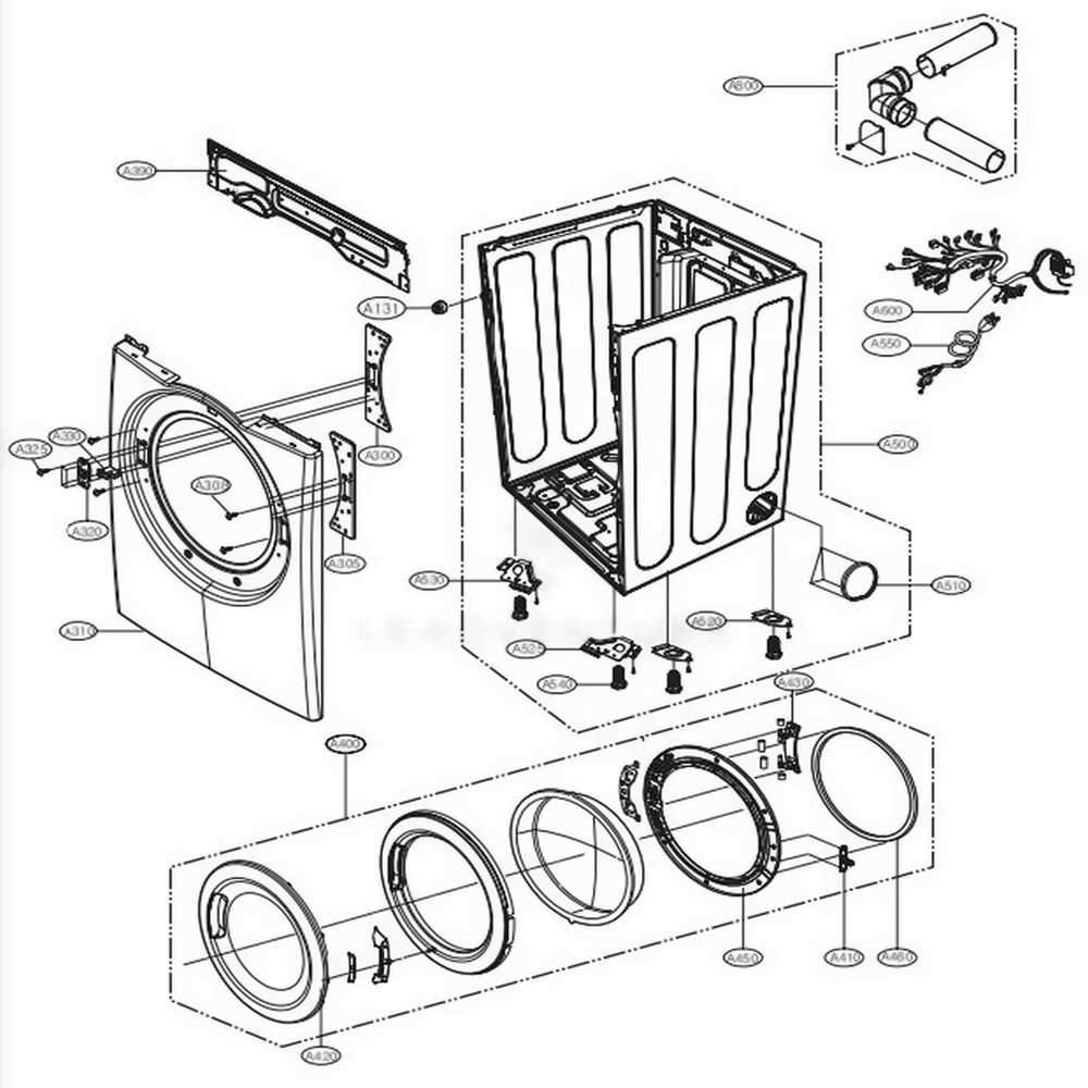 Cabinet And Door Assembly Diagram and Parts List for 91272 ABWESEU LG Washer Dryer Combo