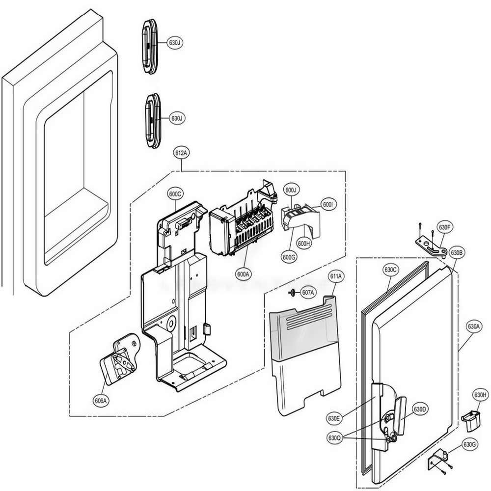 Ice Maker And Ice Bin Parts Diagram and Parts List for 74049 AWBCSE2 LG Refrigerator