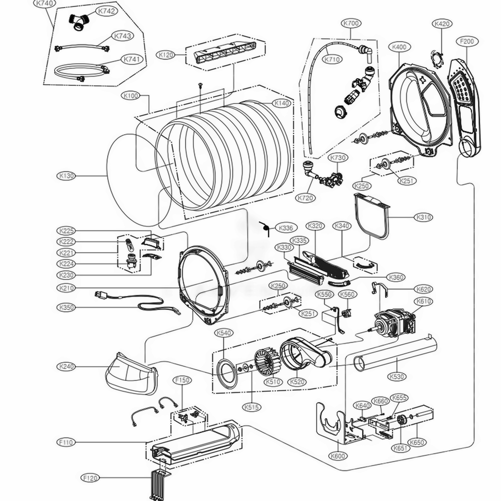Drum And Motor Assembly Diagram and Parts List for DLEY1701W ABWEEUS LG Dryer