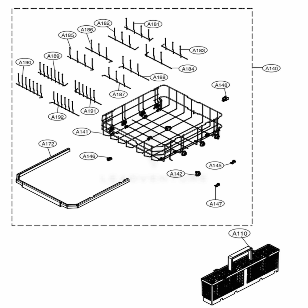 Lower Rack Assembly Diagram and Parts List for LDT5665ST ASTEEUS LG Dishwasher
