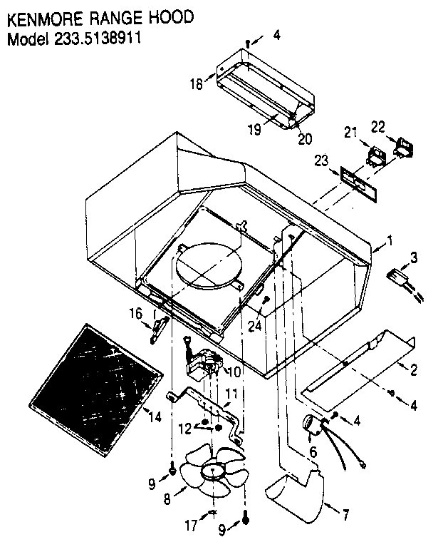 Range Hood Model 233.5138911 Diagram and Parts List for 2335138911  Kenmore Range Hood