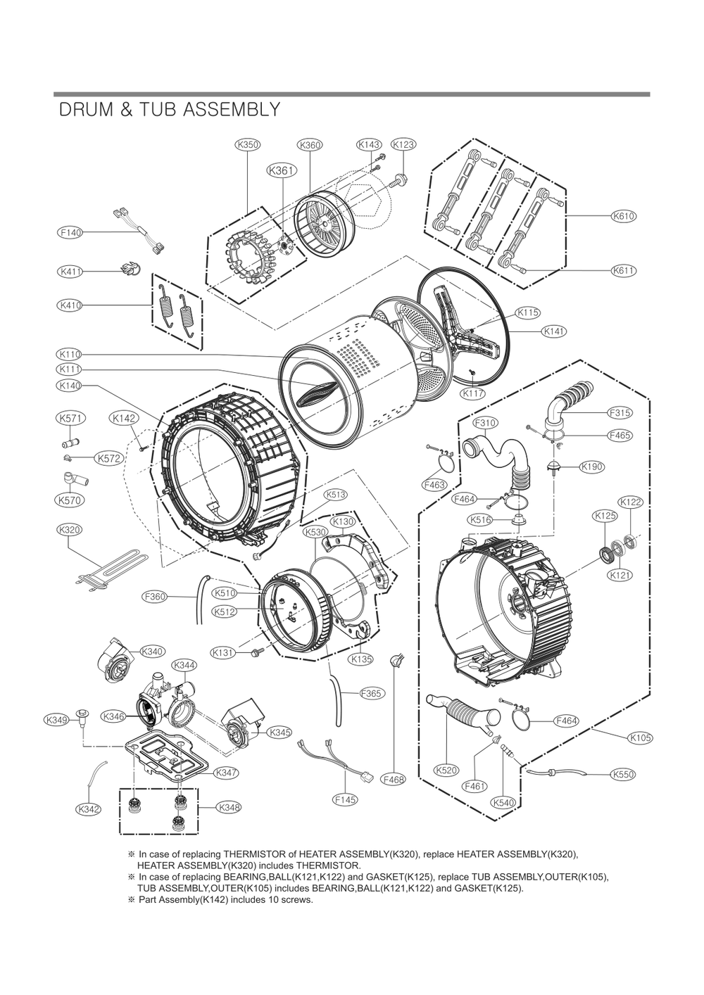 Drum And Tub Assembly Diagram and Parts List for FH4D1ADSK3 ABWESEU LG Washer