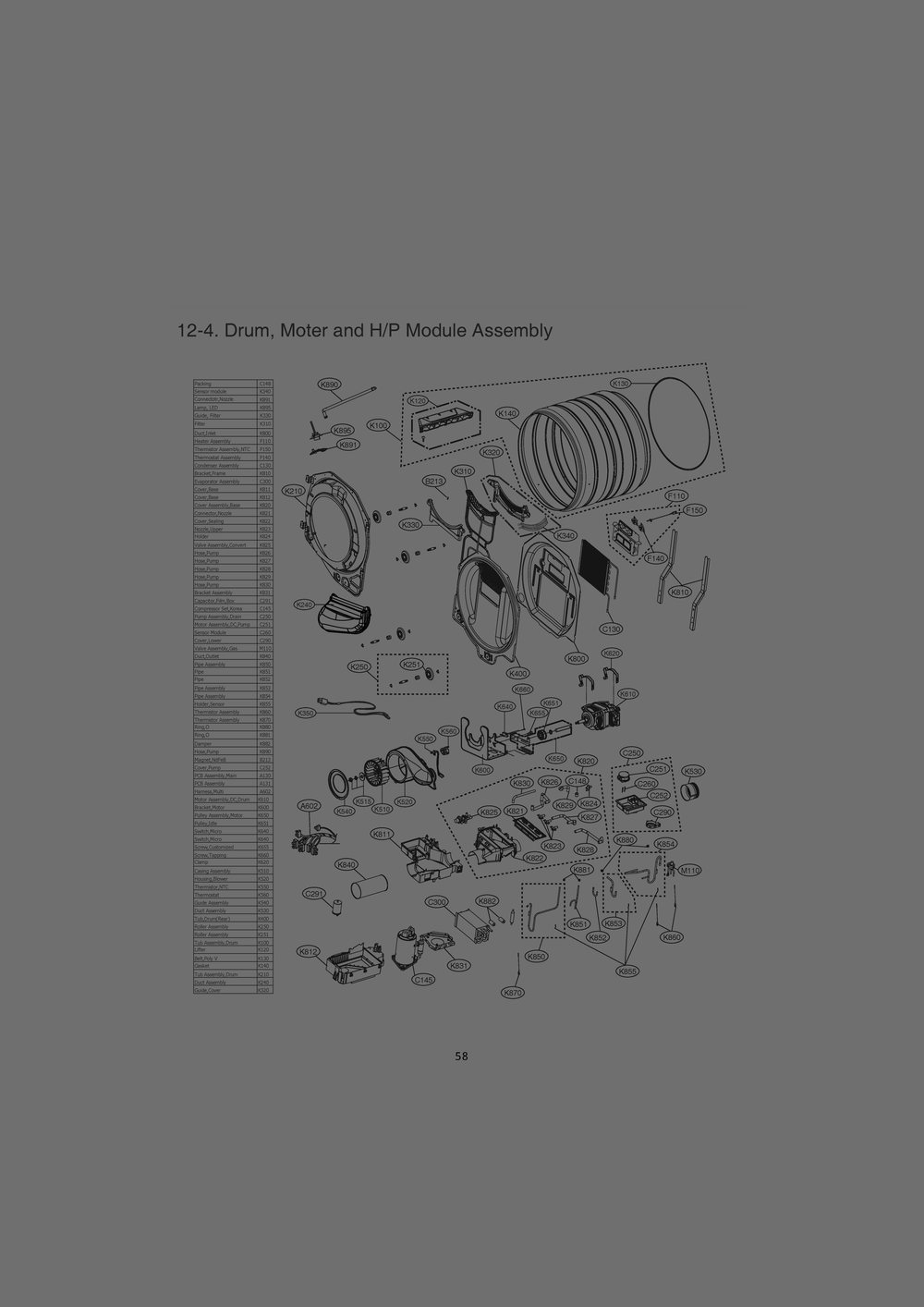Drum; Moter And Hp Module Assembly Diagram and Parts List for RH1377ES ASSEEUS LG Dryer
