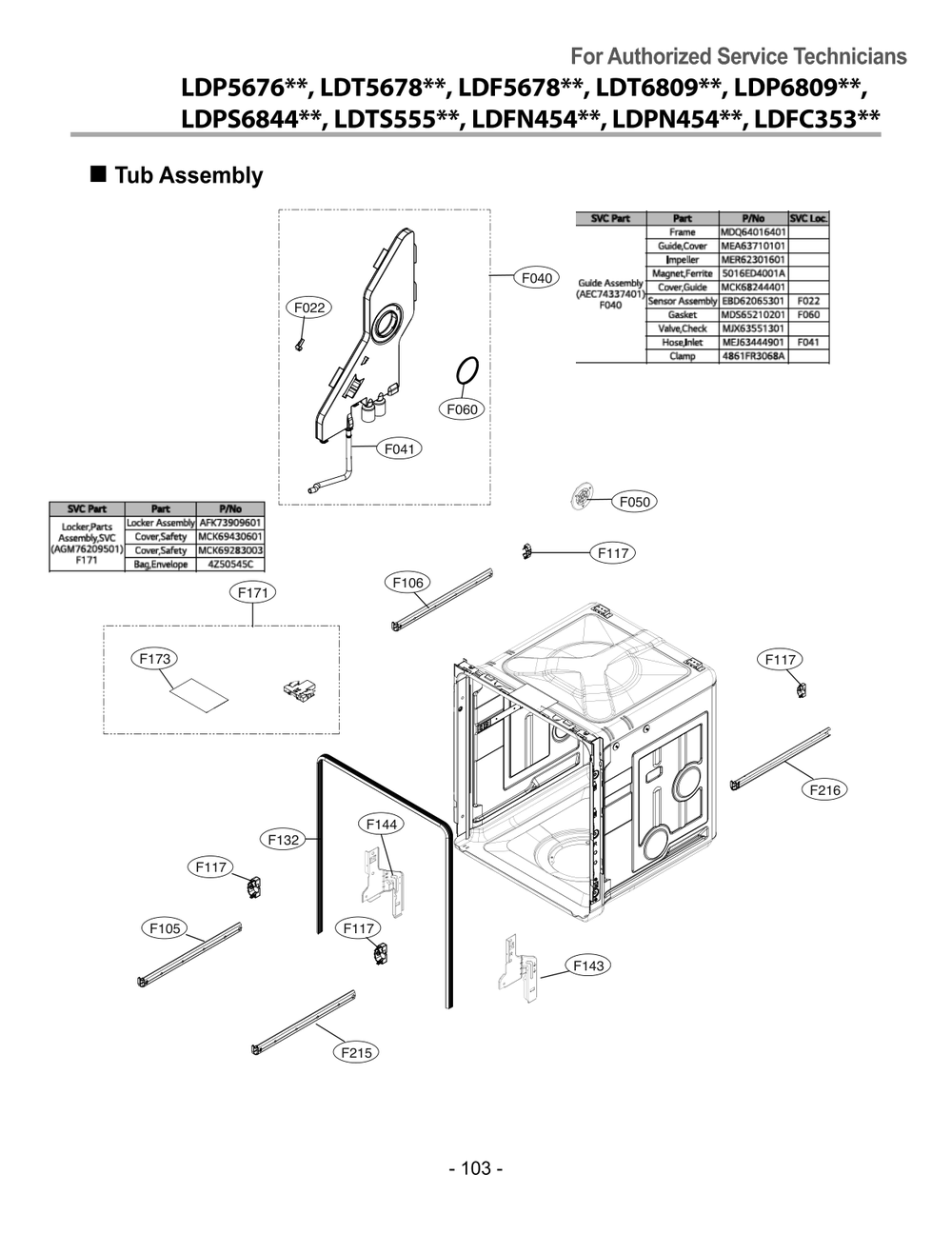 Tub Assembly Svc Part Diagram and Parts List for LDFC353LS ASSEEUS LG Dishwasher