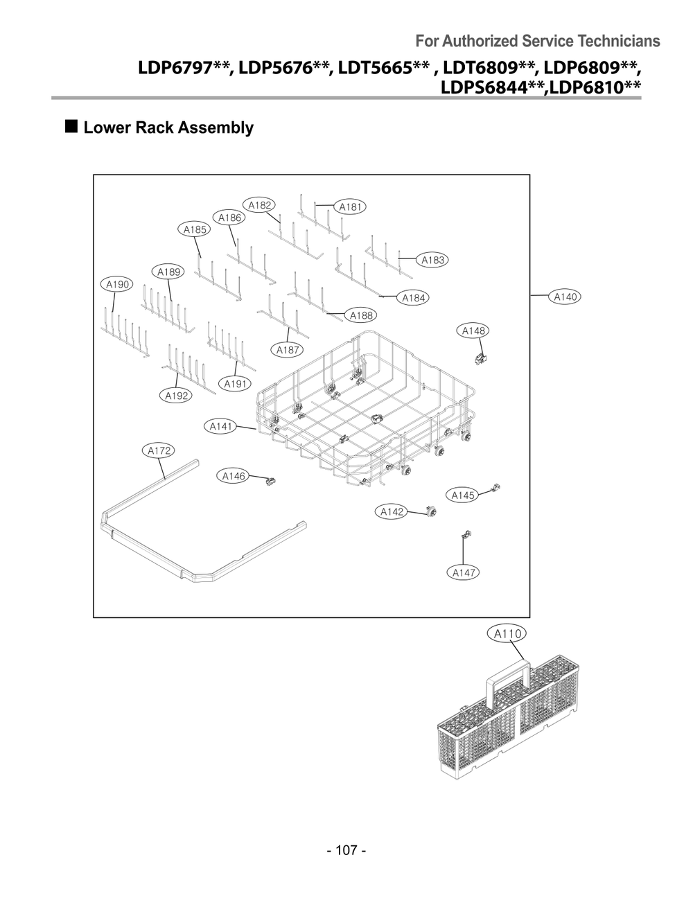 Lower Rack Assembly Diagram and Parts List for DUA315HDL ABDEEUS LG Dishwasher
