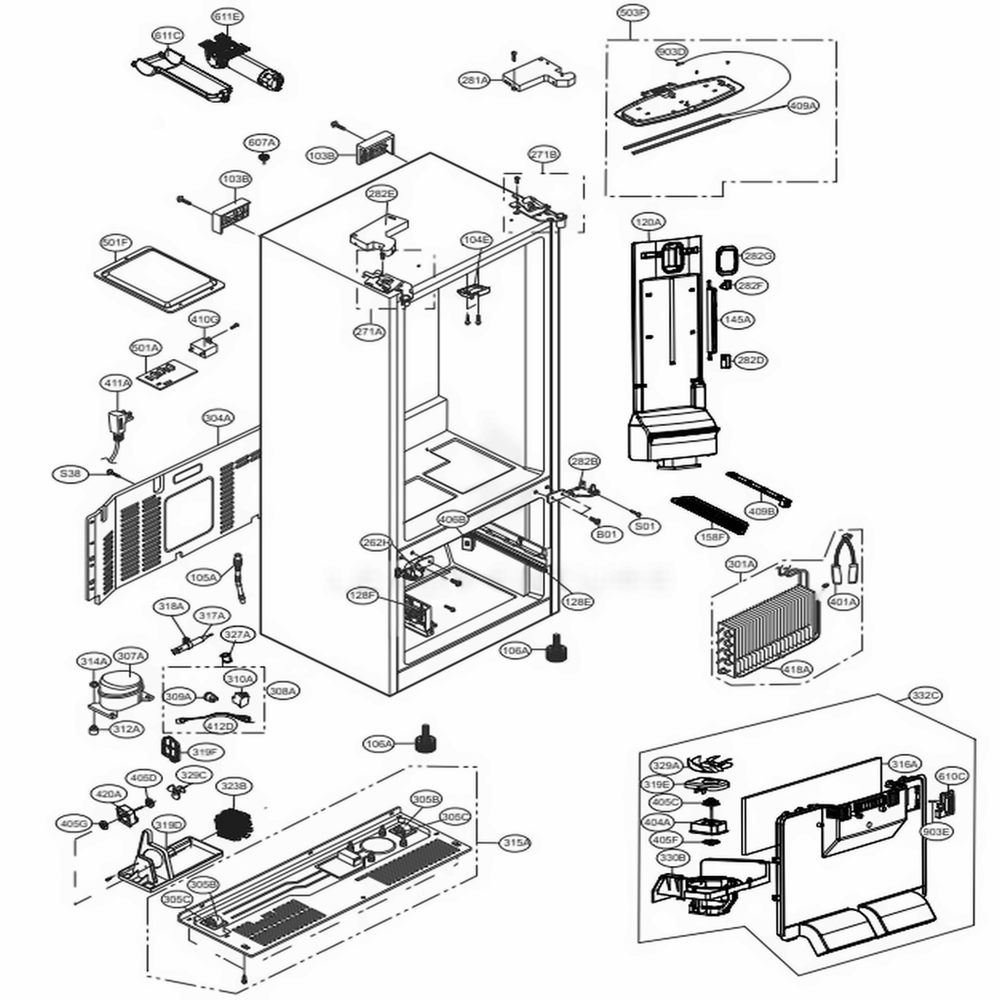 Case Parts Diagram and Parts List for LFD22786SW ASWCNA1 LG Refrigerator