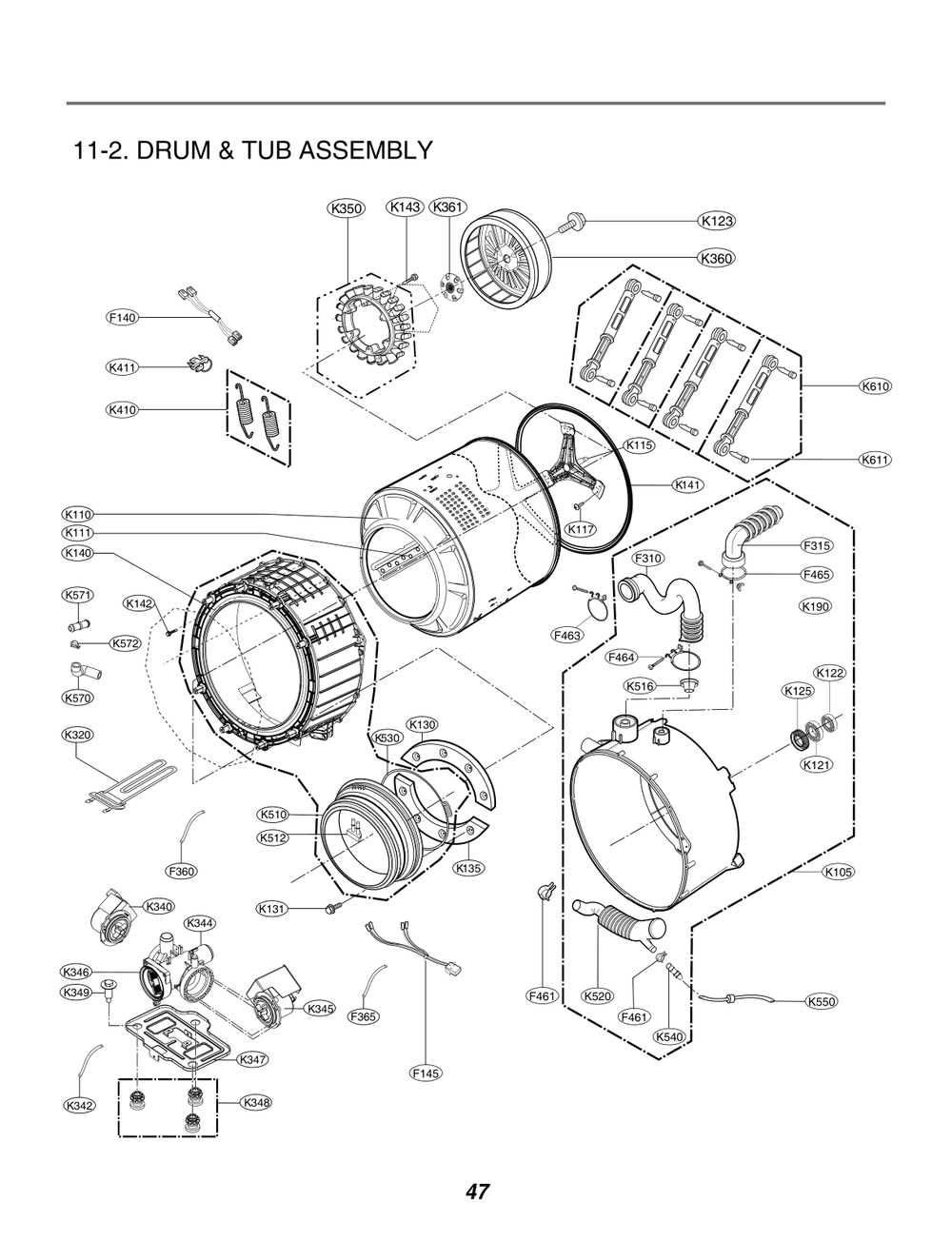 Drum And Tub Assembly Diagram and Parts List for FH0C7FD71 ASSEELC LG Washer