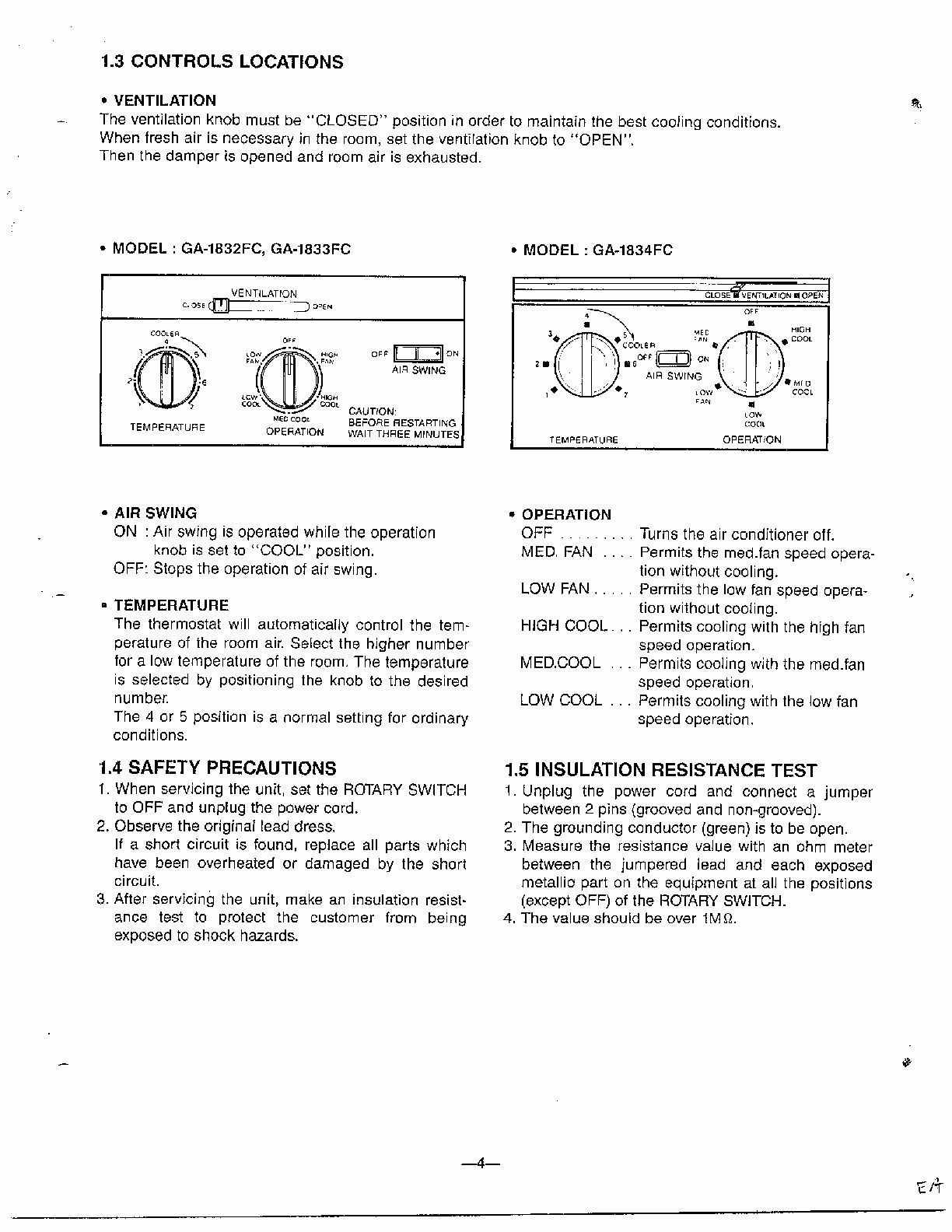 Controls/precautions/resistance Test Diagram and Parts List for GA-1834FC  LG Air Conditioner