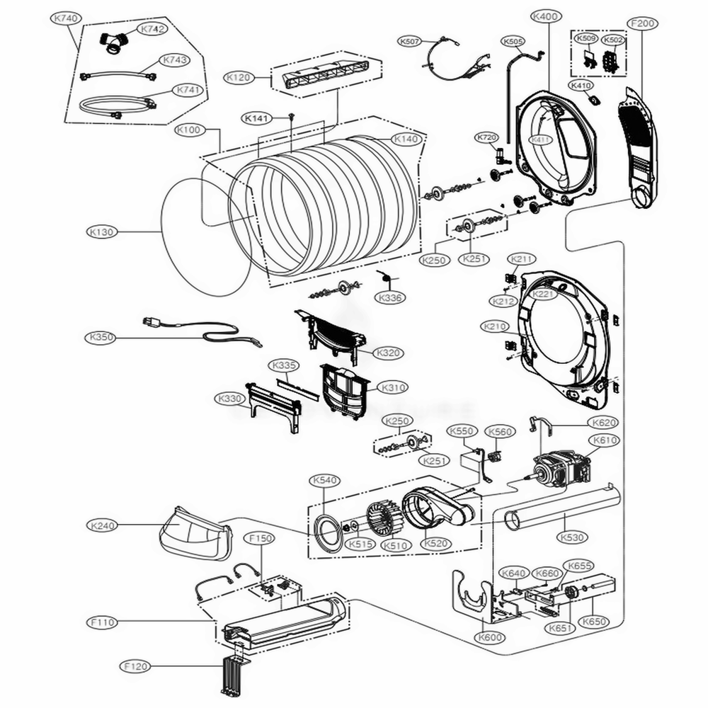 Drum And Motor Assembly Electric Type Diagram and Parts List for DLEX5000V ASSEEUS LG Dryer