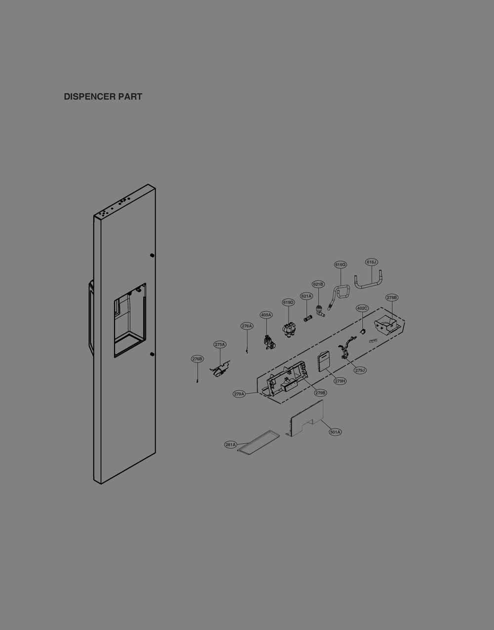 Dispenser Parts Diagram and Parts List for GR-L276DSBM ASTCNA0 LG Refrigerator
