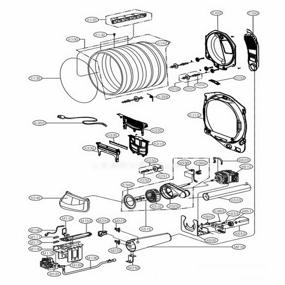 Drum And Motor Assembly: Gas Type Diagram and Parts List for DLG7101W ABWEEUS LG Dryer