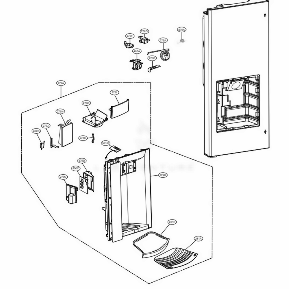 Dispenser Parts Diagram and Parts List for LMX28994ST ASTCNA2 LG Refrigerator