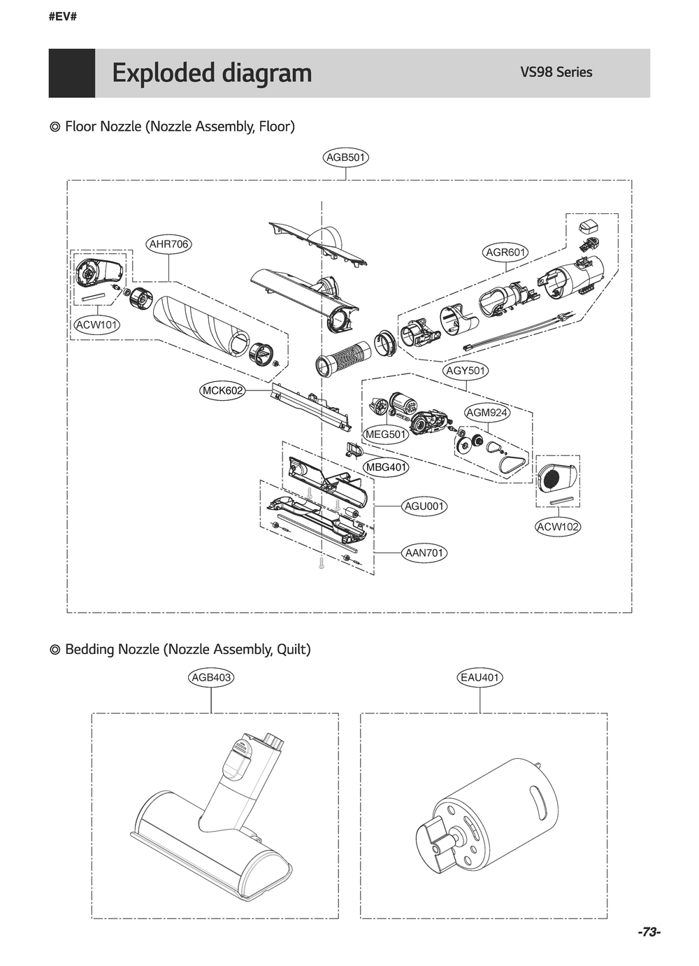 Nozzle Assembly, Floor Diagram and Parts List for VS9813CBWH AVWELGA LG Canister Vacuum