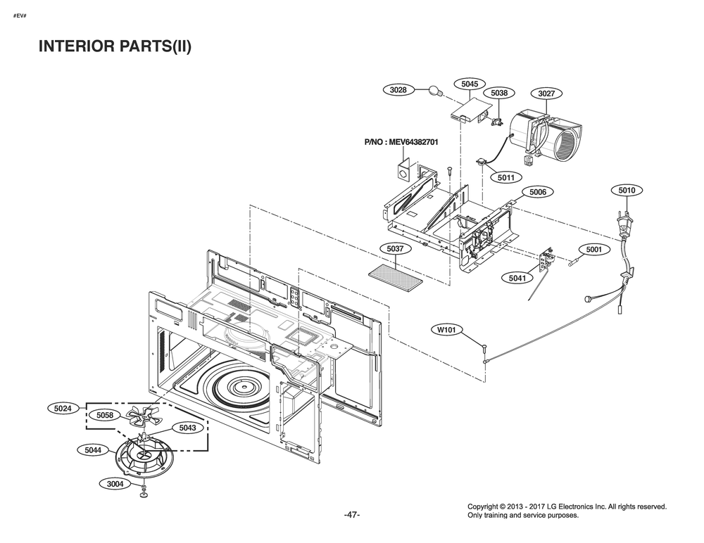 Interior Parts(Ii) Diagram and Parts List for MV1843ASD CBKELGA LG Microwave