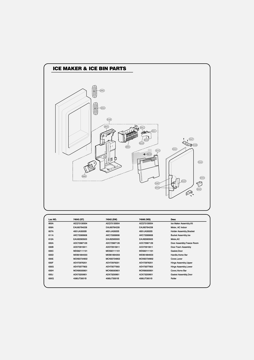 Ice Maker And Ice Bin Parts Diagram and Parts List for GR-L268LSTM ASTCSE0 LG Refrigerator