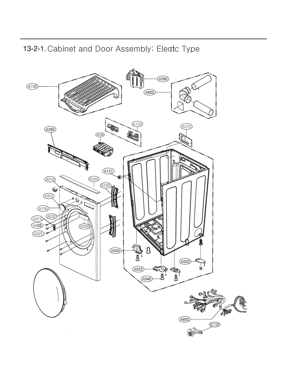 Cabinet And Door Assembly Diagram and Parts List for DLEX6700B ABLEEUS LG Dryer