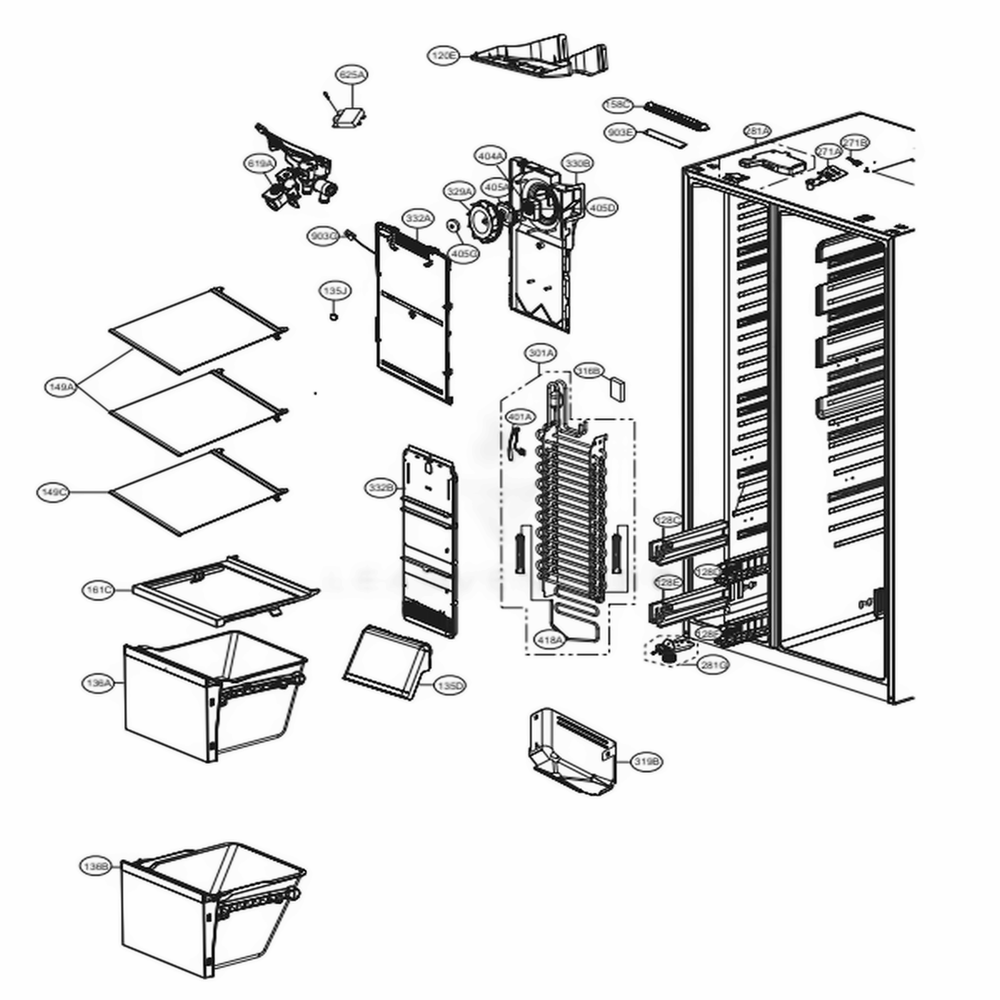 Freezer Compartment Diagram and Parts List for LSXS26366S ASTCNA1 LG Refrigerator