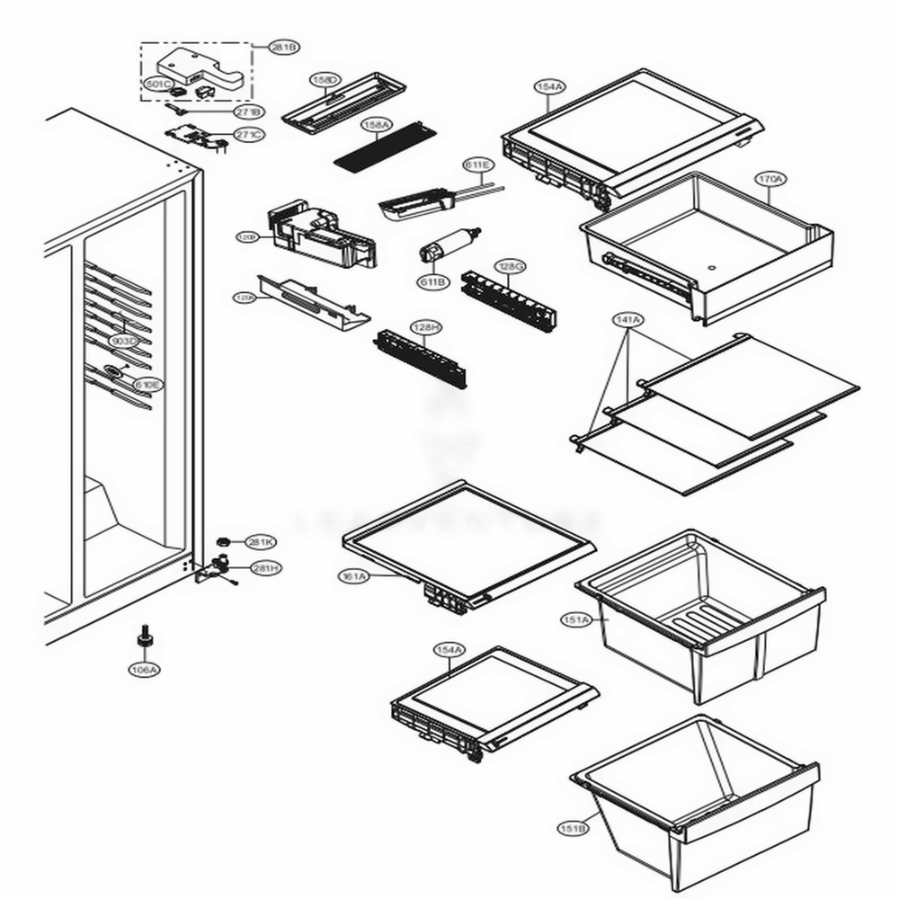 Refrigerator Compartment Diagram and Parts List for LSXS22423S ASTCNA2 LG Refrigerator