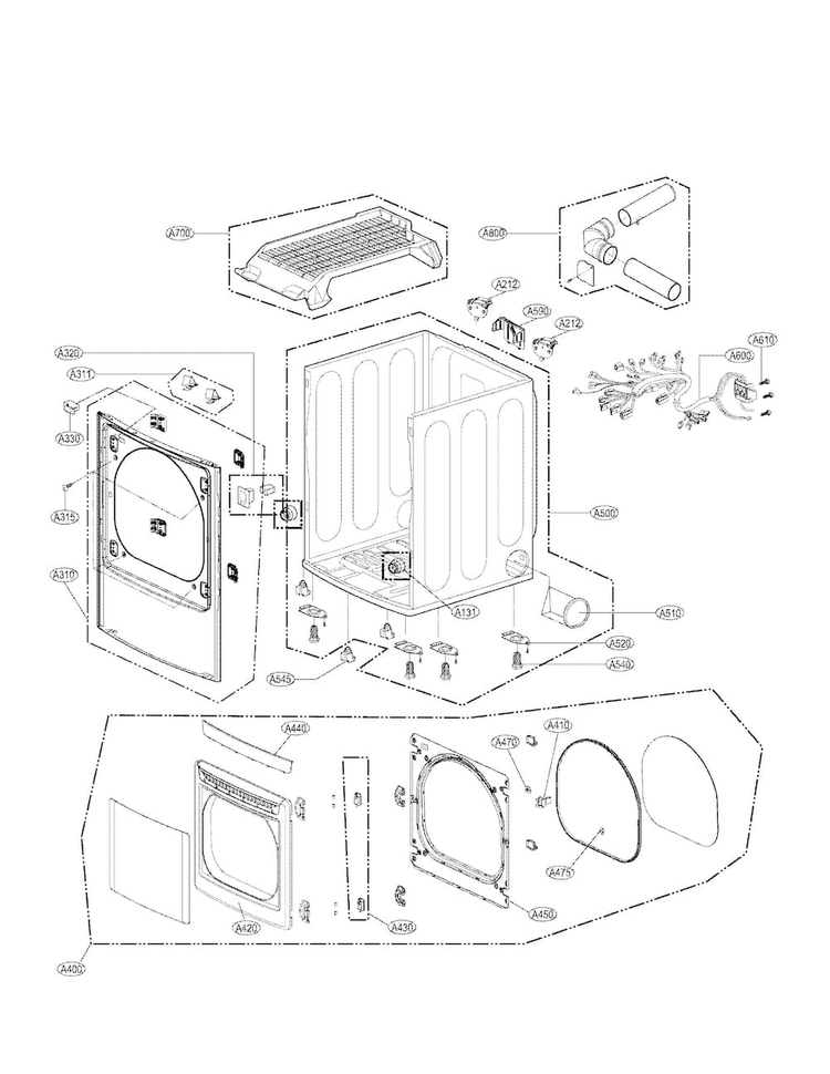 Cabinet And Door Assembly Parts Diagram and Parts List for DLEX6001V  LG Dryer