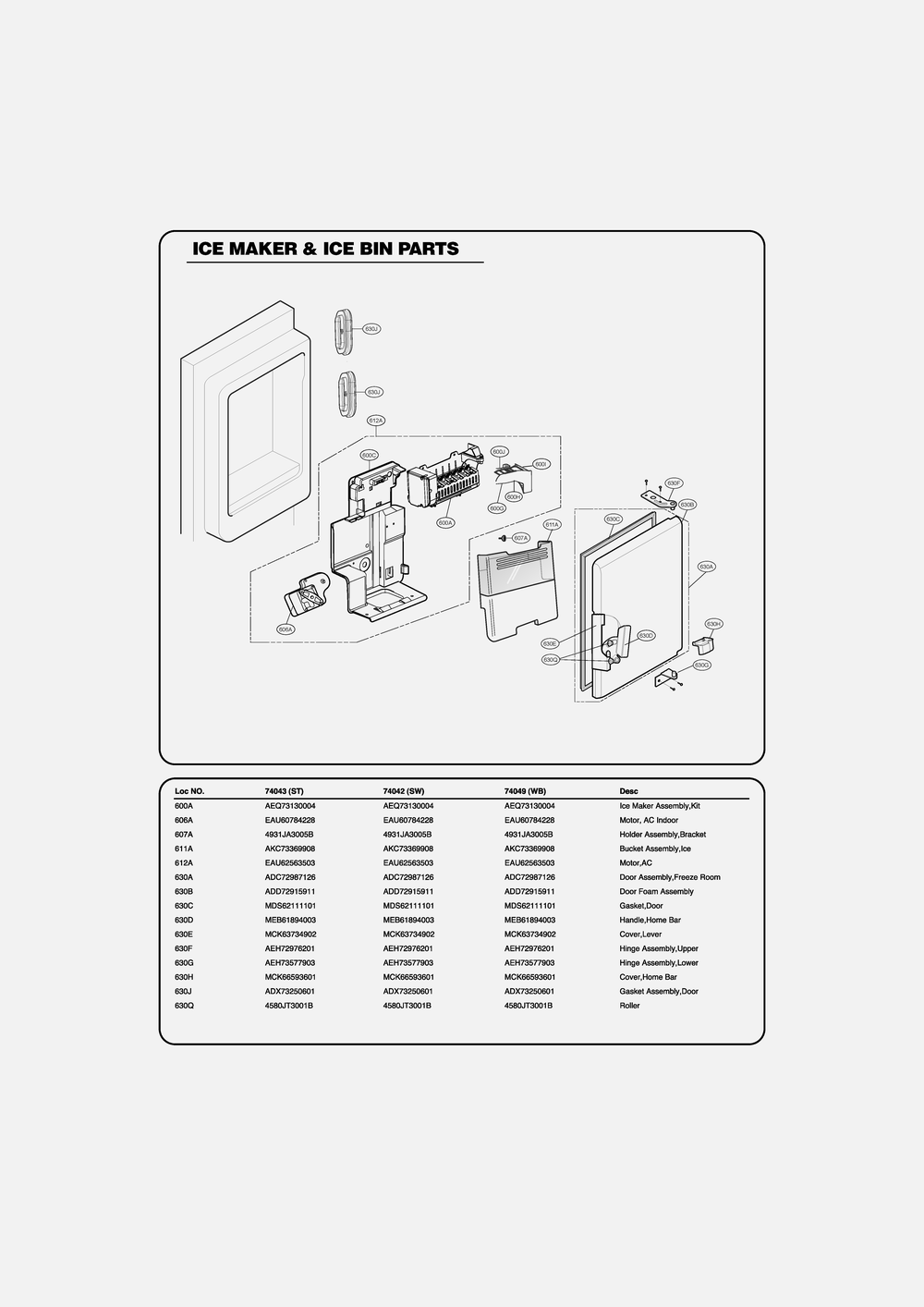 Ice Maker And Ice Bin Parts Diagram and Parts List for GR-L268LQTM ASWCSE1 LG Refrigerator