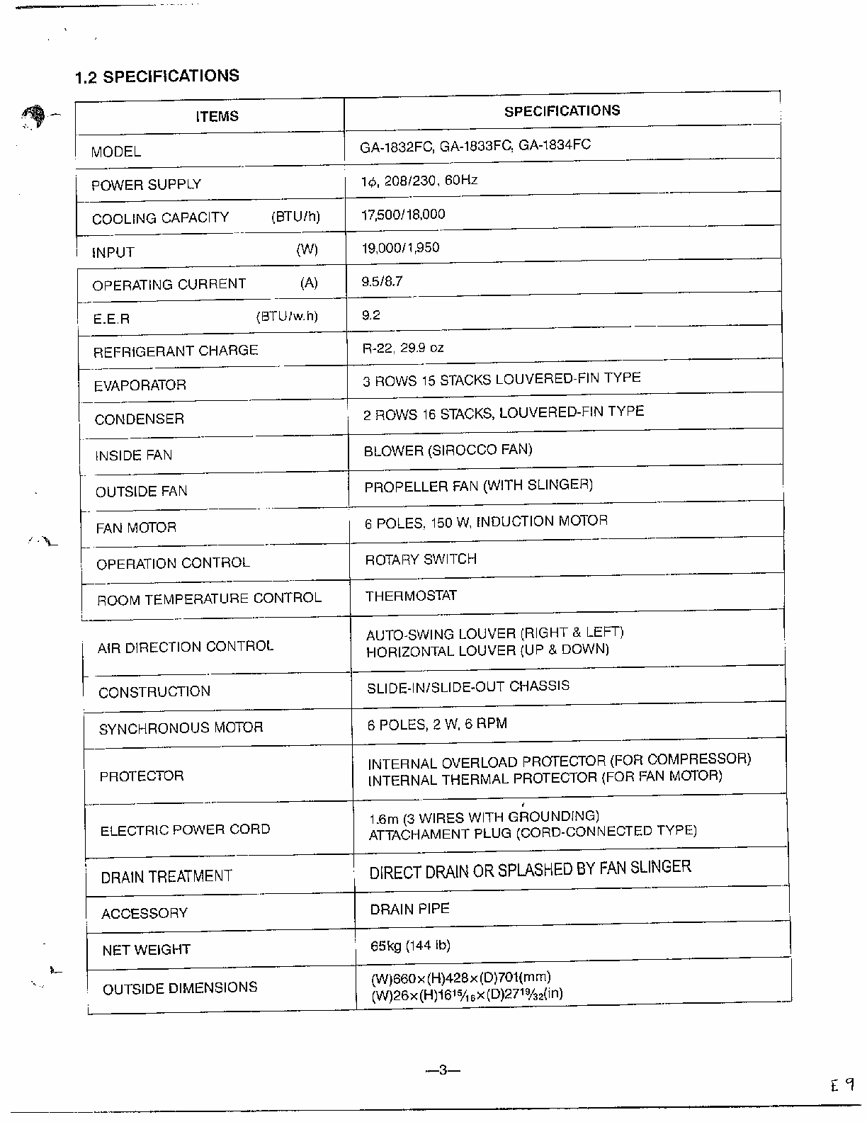 Specifications Diagram and Parts List for GA-1834FC  LG Air Conditioner