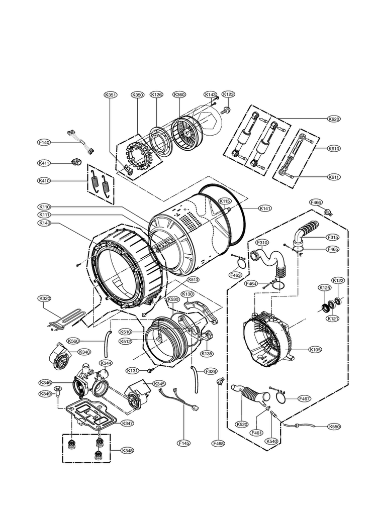 Drum & Tub Diagram and Parts List for WM0001HTM  LG Washer